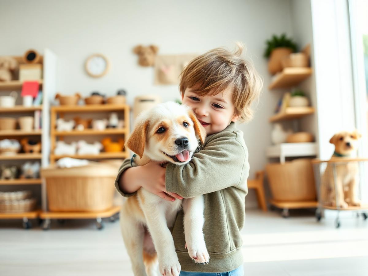 A child hugging a puppy inside The Puppy Store